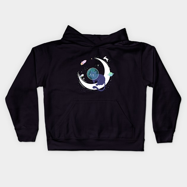 Black cat astronaut in space with the moon, rocket, shooting star, rabbit and planet Kids Hoodie by keeplooping